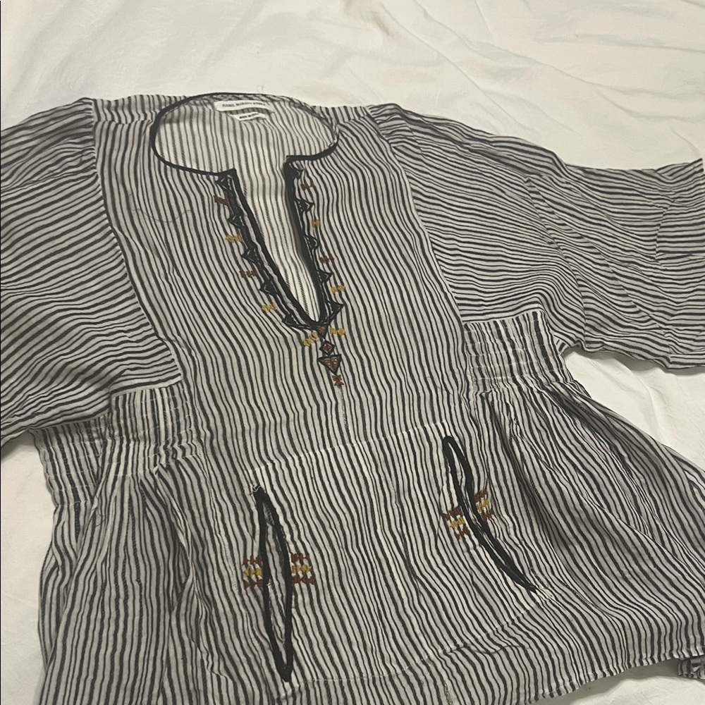Isabel Marant Black and White Striped Top with Embroidery